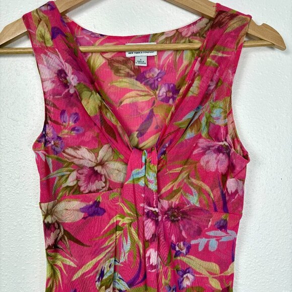 Vintage Sweet Pea NY&C Size: S Y2K Mesh Hot Pink Tropical Floral Tank Top - Picture 3 of 9